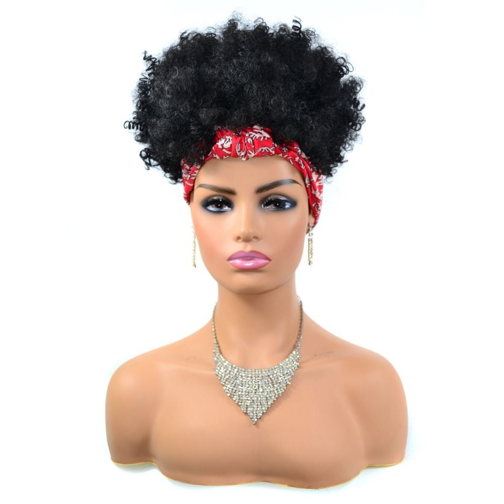 TopKiss Black Curly Wig with Headscarf, High Temperature Fiber Headband Hairnet Wig for Women Local