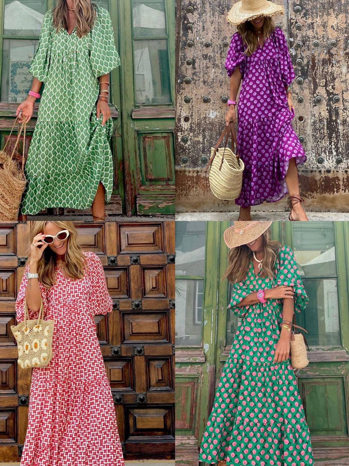 17187 Woman Vintage Sexy Balloon Sleeve Long Dress Floral Print Loose Dress