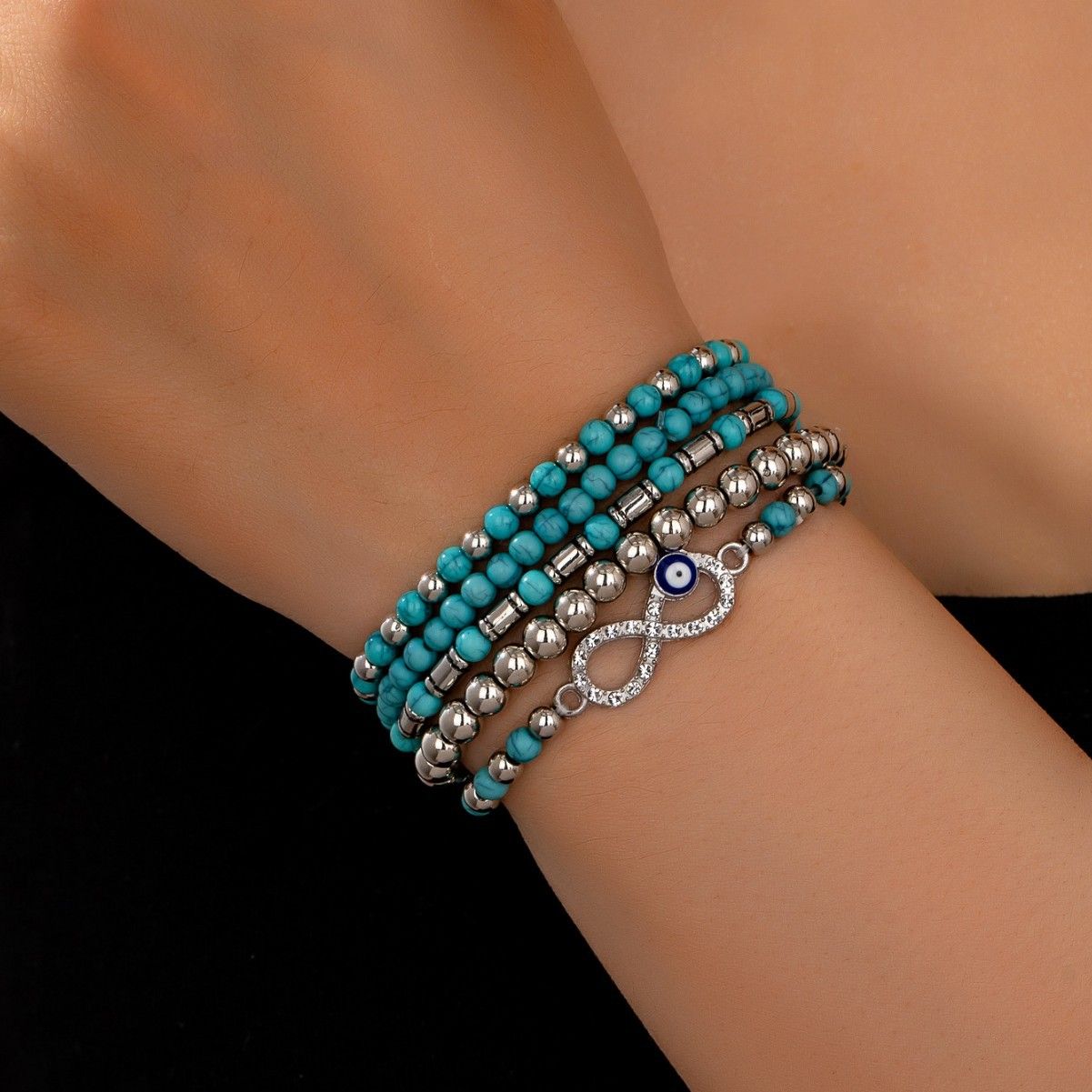 5-Piece Turquoise & Silver Beaded Stretch Bracelet Set with Evil Eye & Infinity Charm, Stackable Boho Style, Trendy Layered Wrist Jewelry for Women
