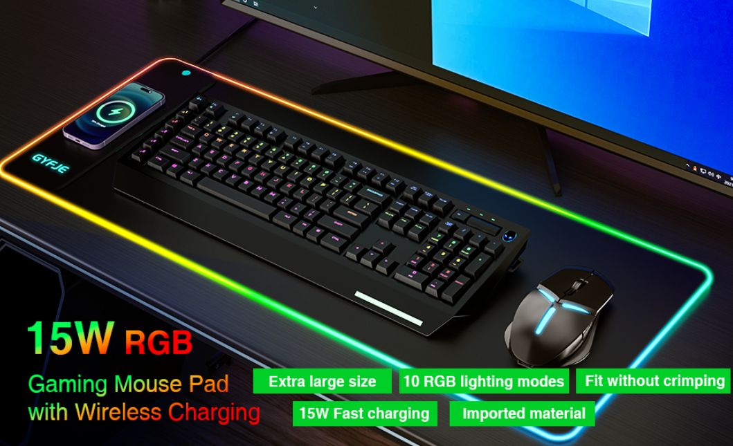 Wireless Charging RGB Gaming Mouse Pad 15W, 10 Led Light Modes Desk Mat, 800x300x4mm Extra Large Keyboard Pad Non-Slip Rubber Base Computer Keyboard Mat for Gaming, MacBook, PC, Laptop