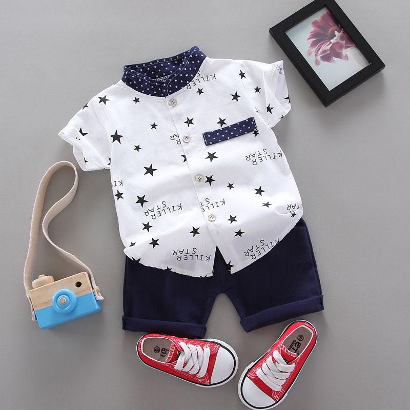 Children summer boys printed pentagram design shirt set A_12