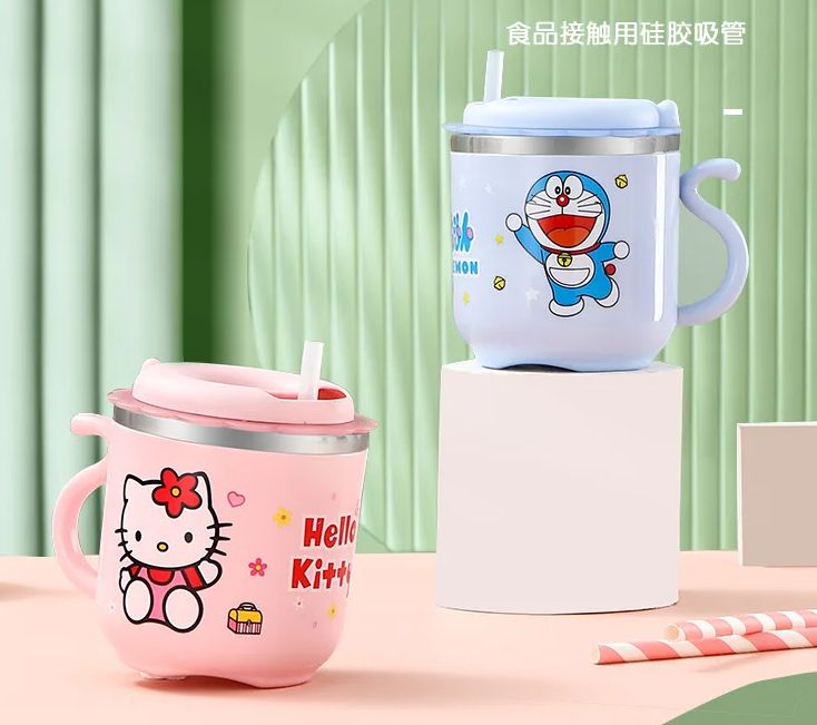 Cartoon Double Wall Insulated Leak Proof Stainless steel Water Cup With Straw For Children