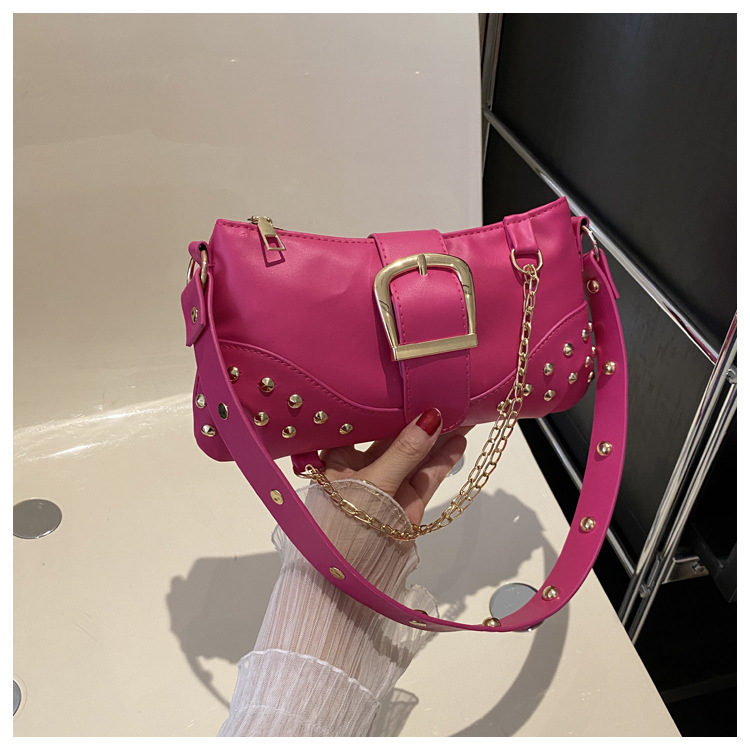 2024 New Rivet Fashion Chain Shoulder Bag Ladies Leisure Work Bag Monochrome Crossbody Bag