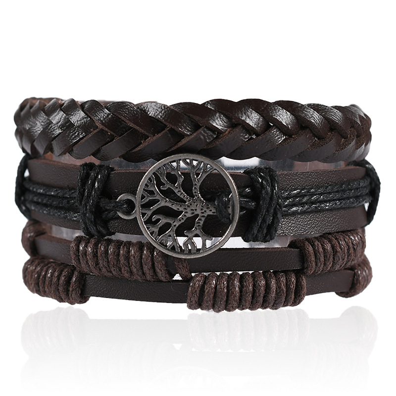 Genuine Leather Tree of life Bracelets Men Women, Tiger Eye Natural Stone Lava Rock Beads Ethnic Tribal Elastic Bracelets Wristbands