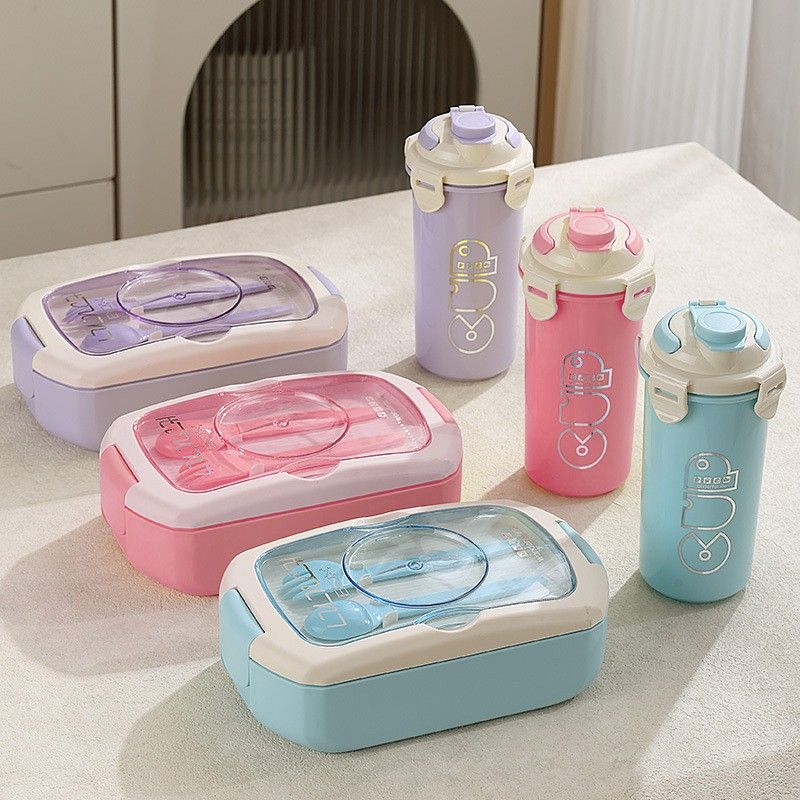 Microwave Safe Divided Lunch Box with Water Bottle, Portable Leakproof Food Container & Cup Set for Office, School, and Outdoor Meals
