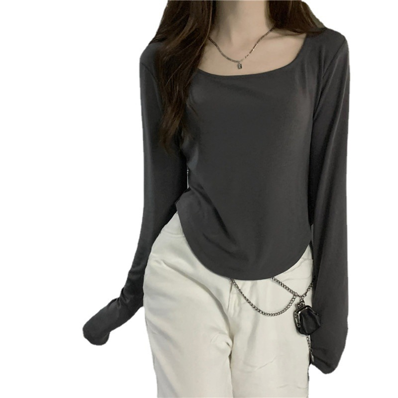 8805 women's solid light top irregular slim fit casual, solid color, top elastic stitched bottom shirt