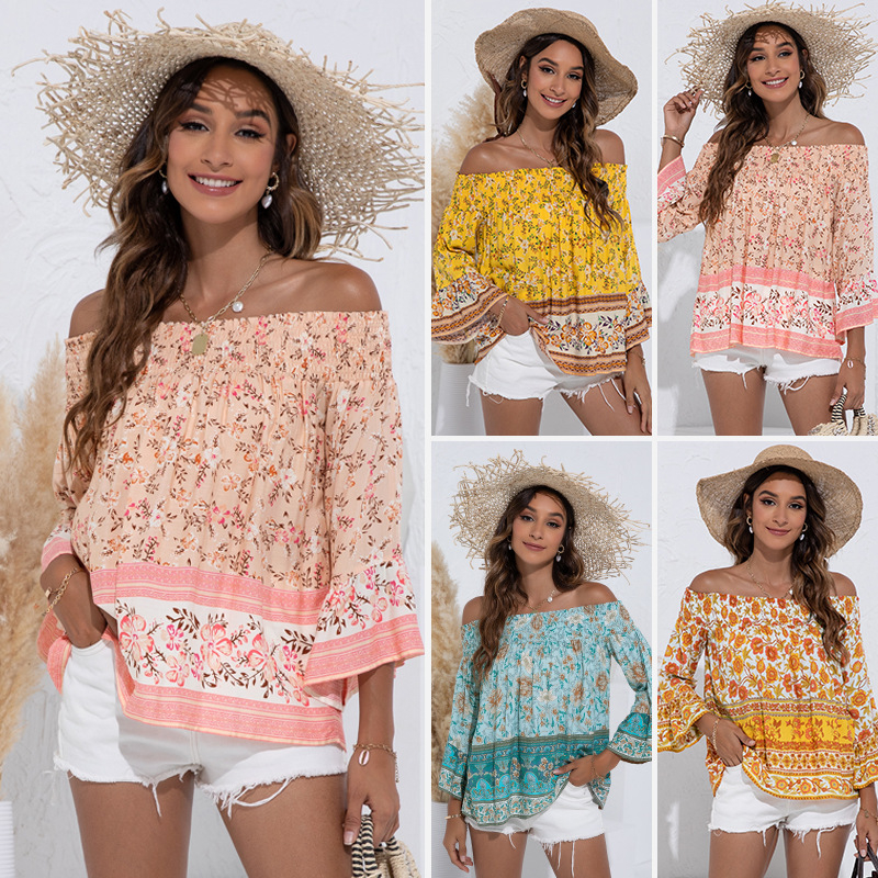 B1868 Women's Floral Print T-Shirt One Shoulder Bell Sleeve Top