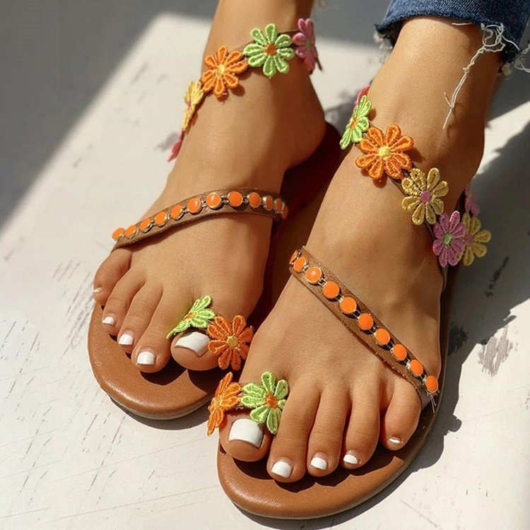 536 Set-Toe Sandals Women's Bohemian Flat Flower Flip-Flops Rhinestone Women's Sandals Flower Shoes