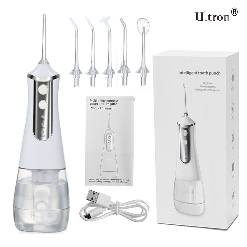 Ultron Portable Oral Irrigator Water Flosser Dental Water Jet Tools Pick Cleaning Teeth 300ML 5 Nozzles Mouth Washing Machine Flosswhite
