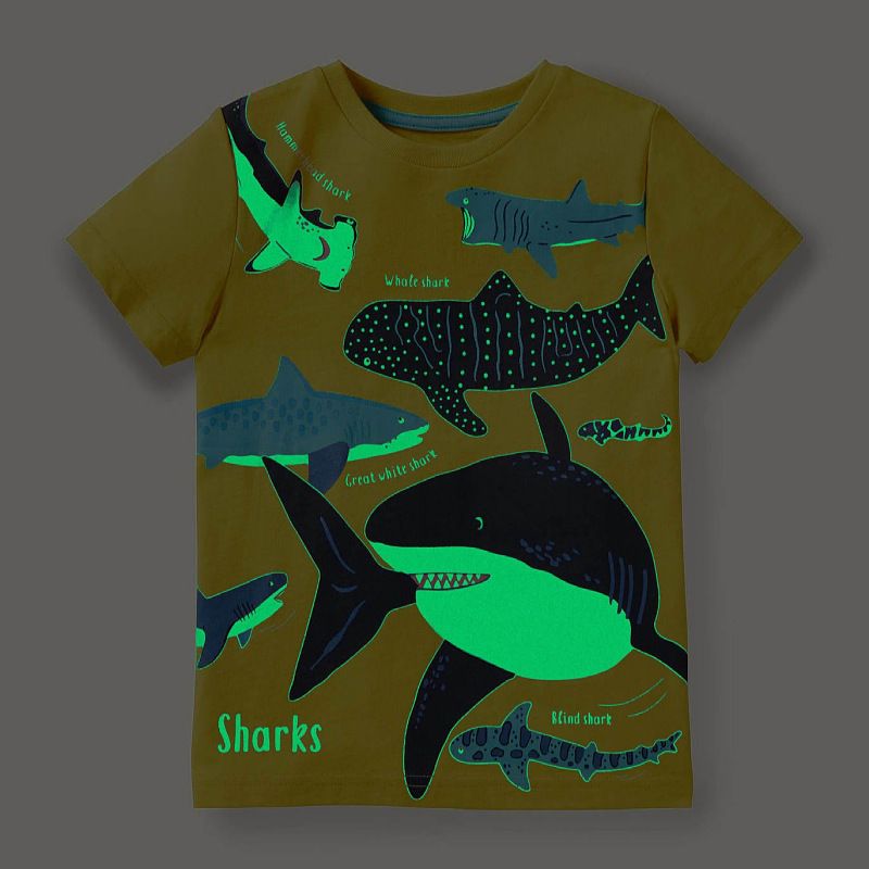 Children glow-in-the-dark shark pattern 2024 summer new short-sleeved top children's T-shirt 67192