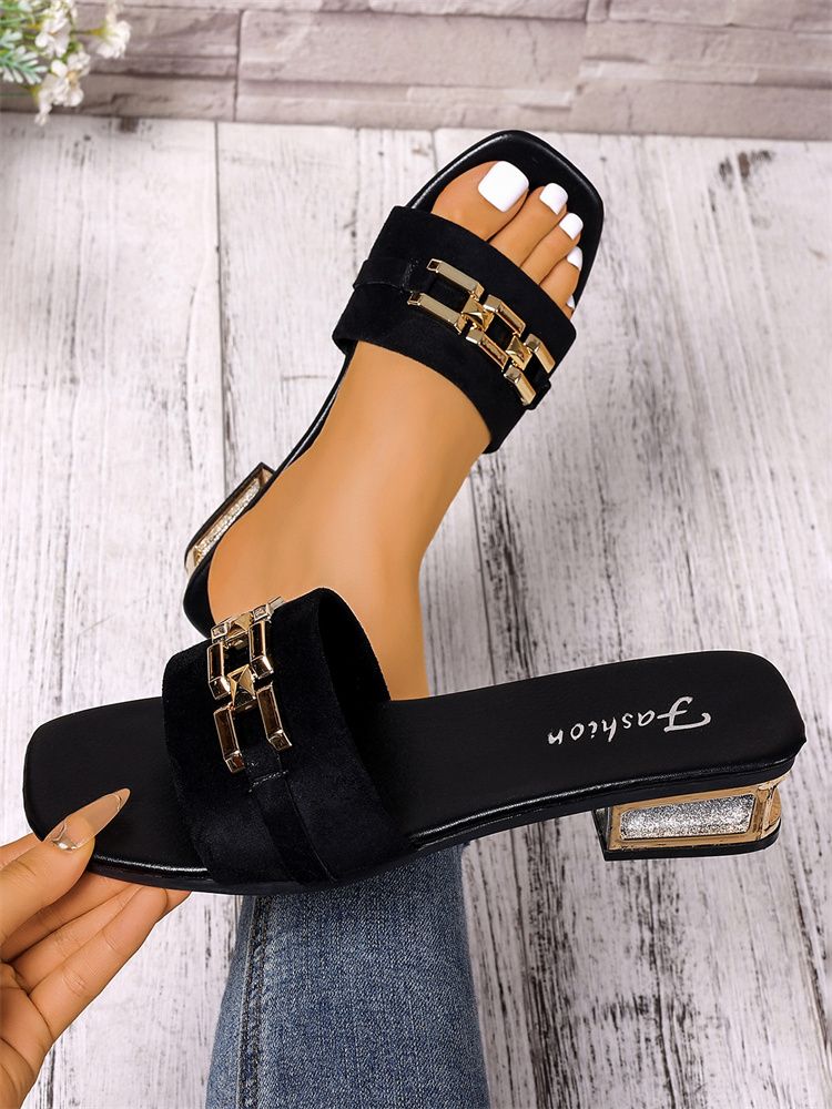 2025 Summer Square Toe Chunky Heel Mules Women's Large Size Chain Decor Low Heel Slide Sandals
