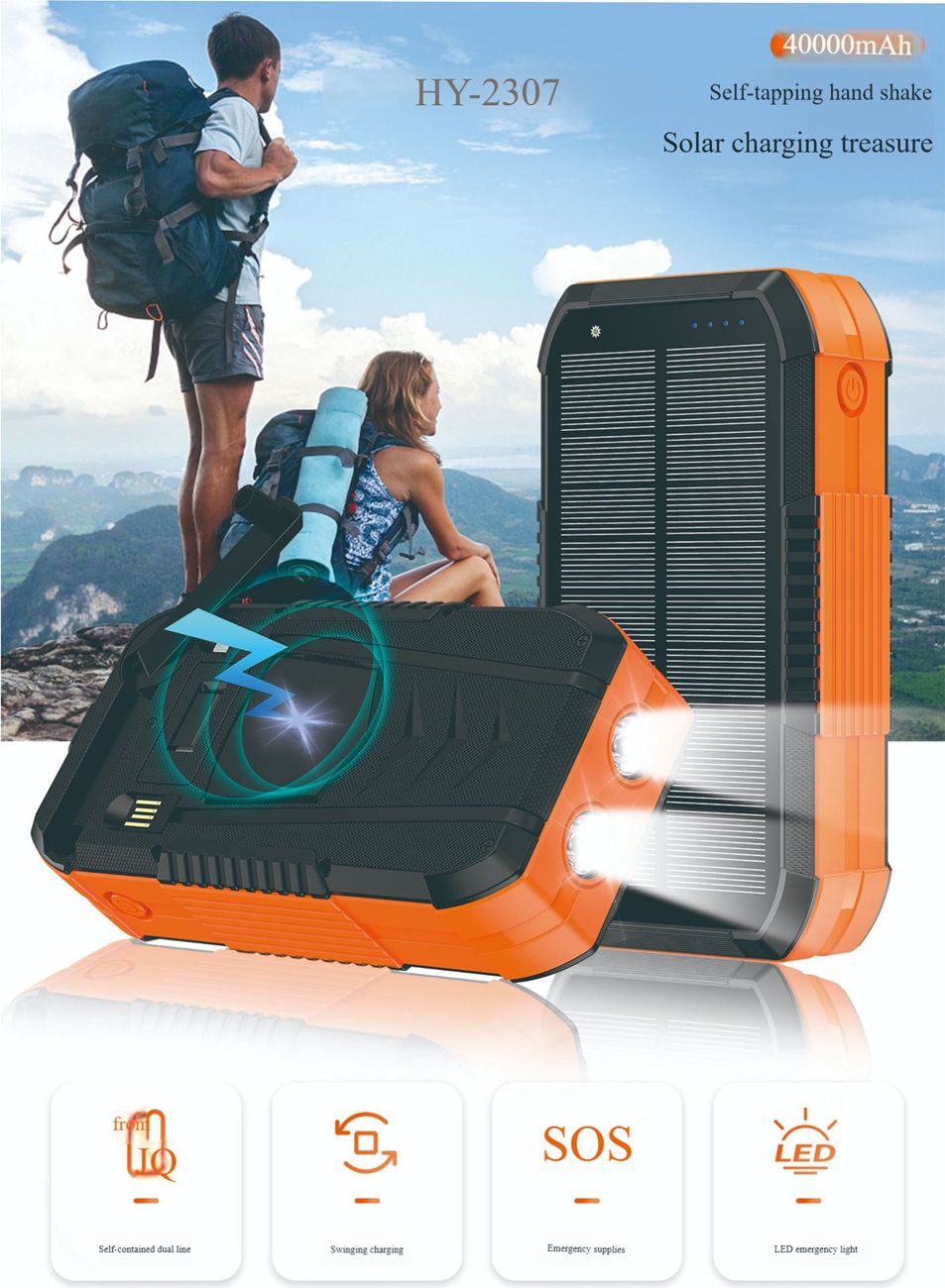 40000 mAh solar powered hand crank charger with built-in cable wireless charging PD 22.5W fast charging mobile power bank
