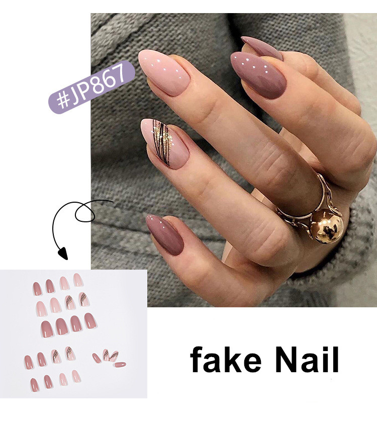 24PCS Fake Nails With Glue French style  Skin Colour Gold Line Nails  Press on Nails Art DIY Manicure Tool