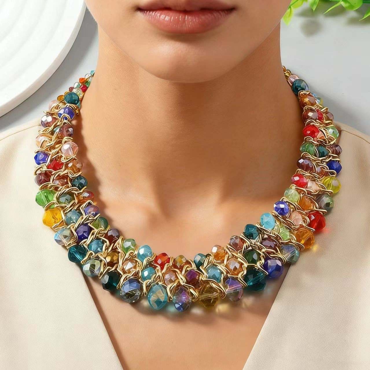Vibrant Multicolor Crystal Beaded Statement Necklace, Double-Layer Bib Choker with Gold Wire-Wrapped Faceted Beads, Bohemian Chunky Collar Necklace for Women
