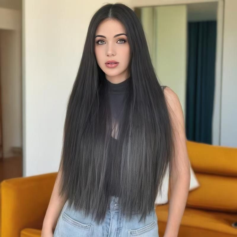 The wig woman has long straight hair with a middle parting of bangs and is made of chemical fiber. She has a full-head cover style of black long hair