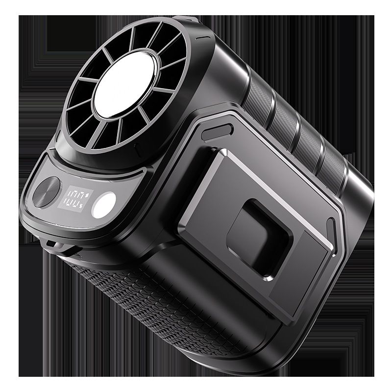 Portable belt air conditioning fan, rechargeable 3-in-1 semiconductor cooling hanging belt fan, equipped with 6000mAh battery and flashlight, three wind speeds, digital display, suitable for construction sites, outdoor, farms, fishing, campingBlack