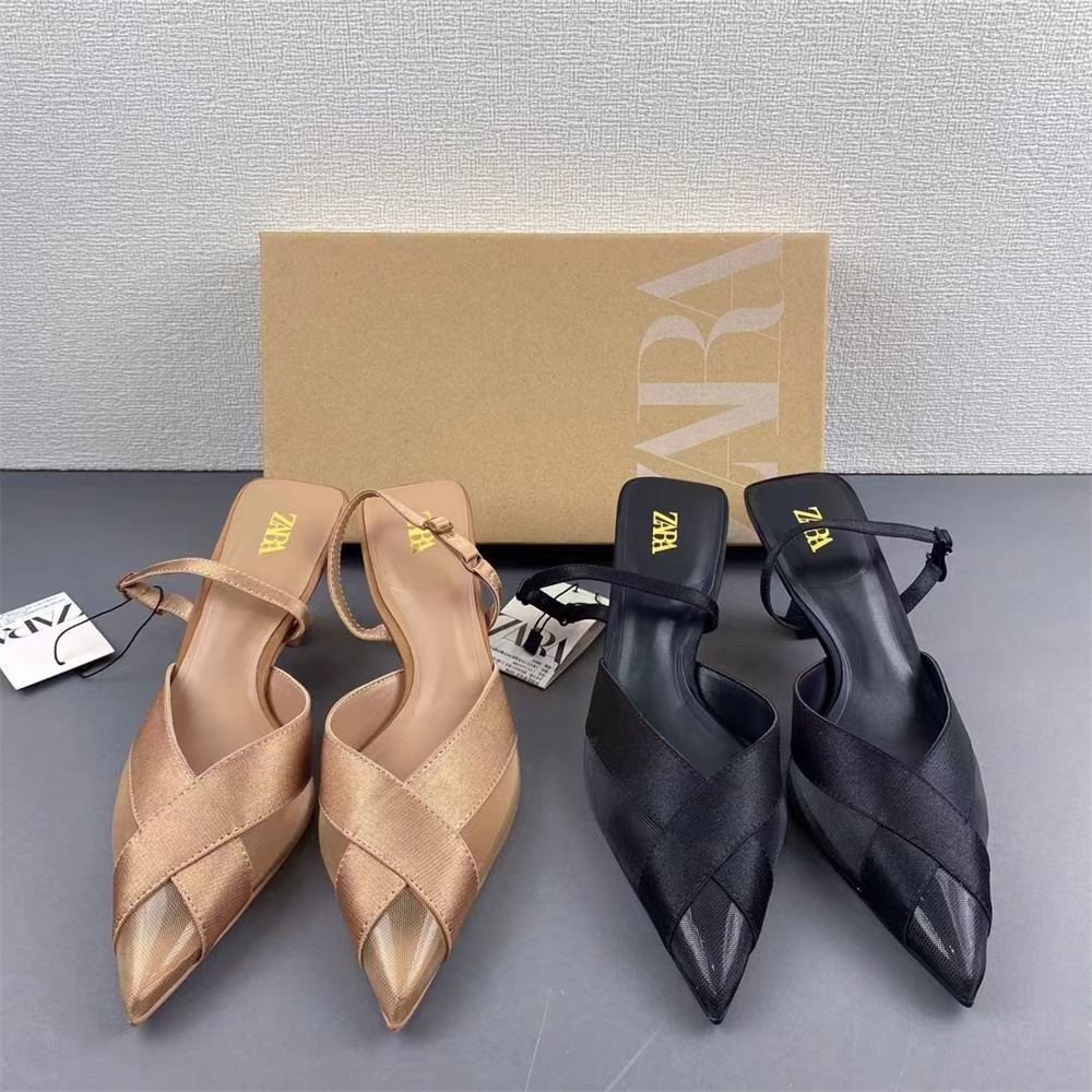 2024 French pointed temperament cross mesh stiletto heels elastic back strap sandals for women