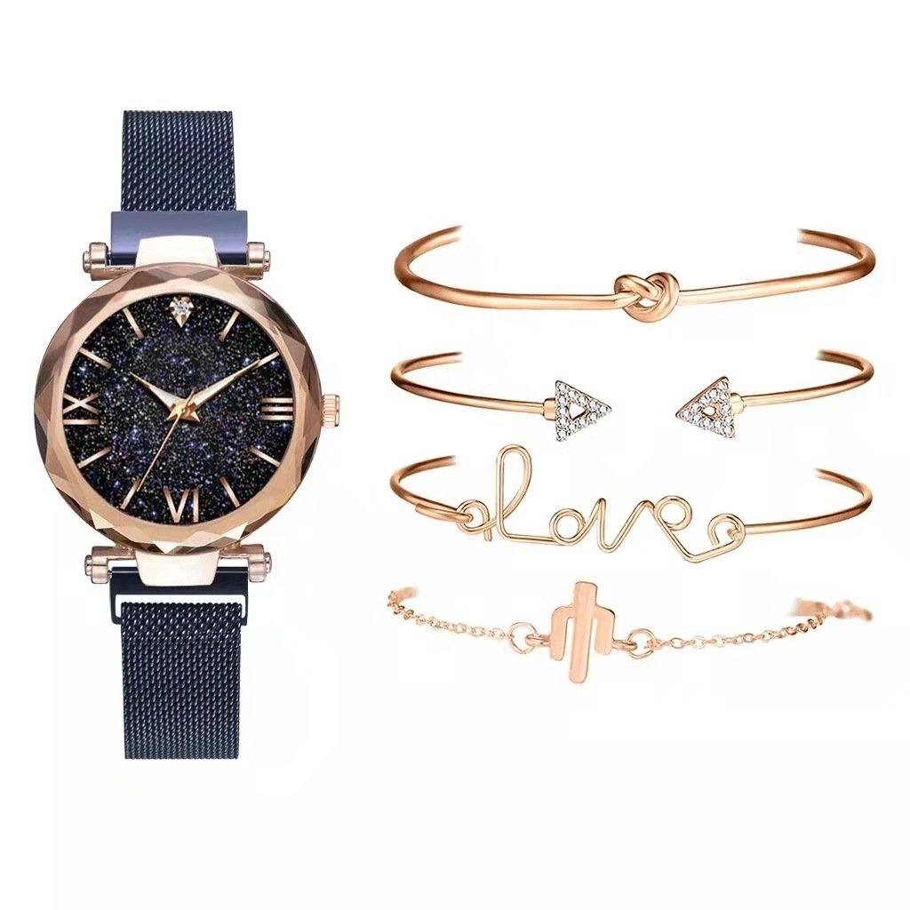 women's watch set of 5 elegant girls magnetic mesh strap design quartz watch