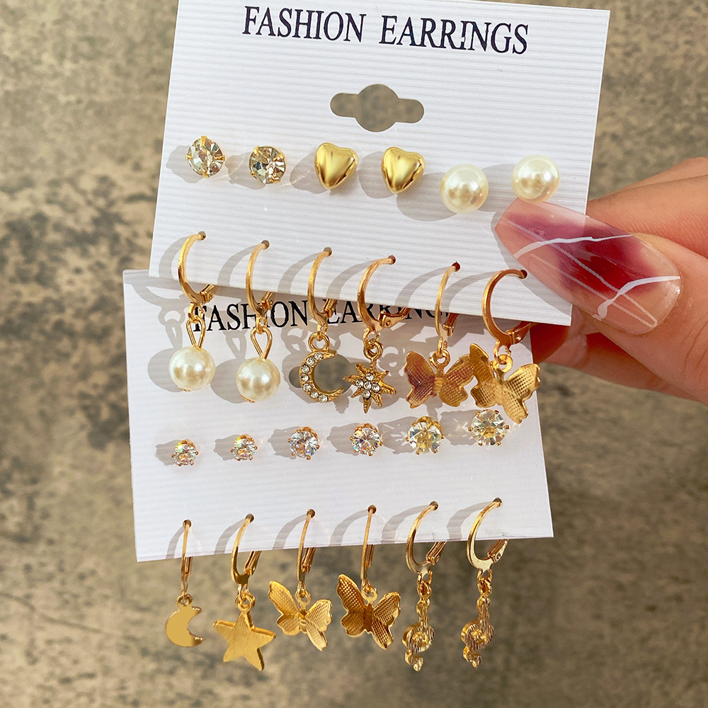 51796 12Pcs/Set Pearl Heart Butterfly Earrings Set Crystal Star Moon Metal Gold Plated Earring for Women Dangle Trendy Jewerly