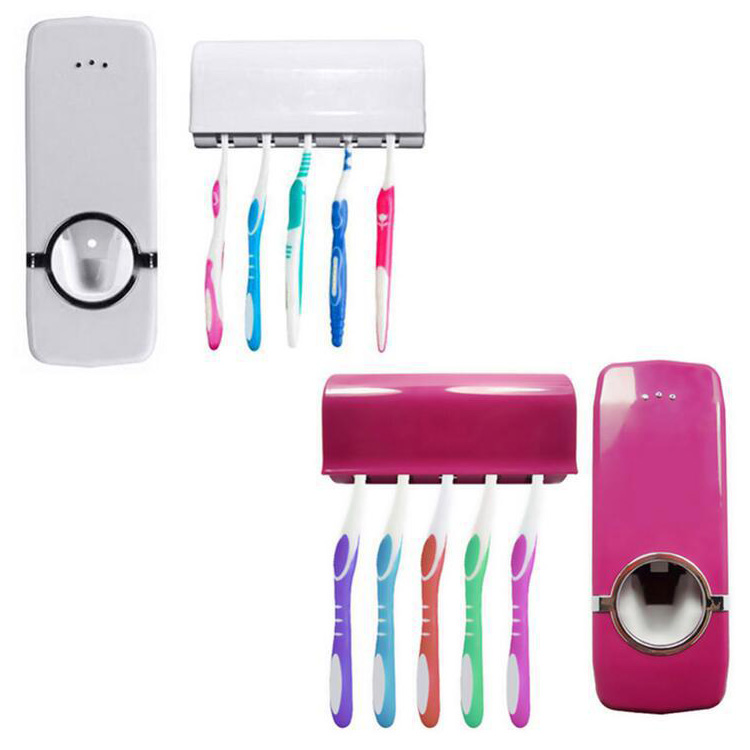Ghana Hot sales ,Toothbrush Holder Fashion Design Home Bathroom Household Automatic Auto Toothpaste Dispenser Squeezer + 5pcs Toothbrush Holder Set Wall Mount Stickers