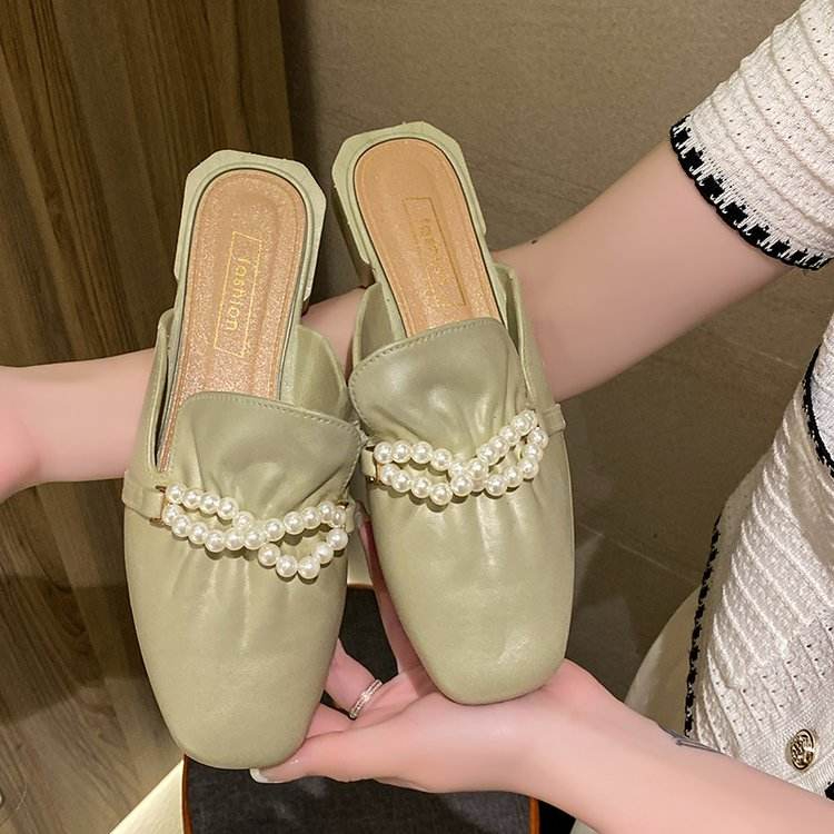 113 Women Summer Pearl Chain Baotou Soft Sole Sandals Flat Pure Color Fancy Slippers
