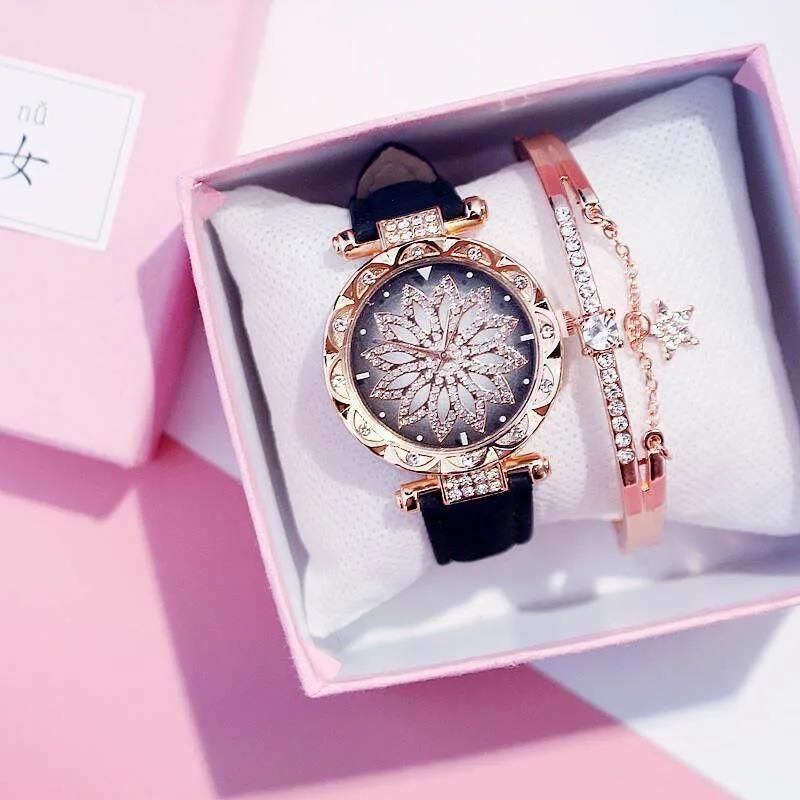 Luxury Diamond Women's Watch Crystal Watch Bracelet Set Women's Jewelry Casual Starry Sky Rose Gold Watch