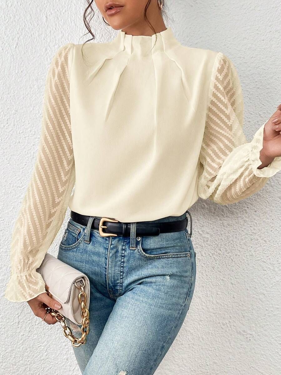 2024 Europe and the United States women's new half high neck splicing wavy chiffon long-sleeved blouse woman AXR262