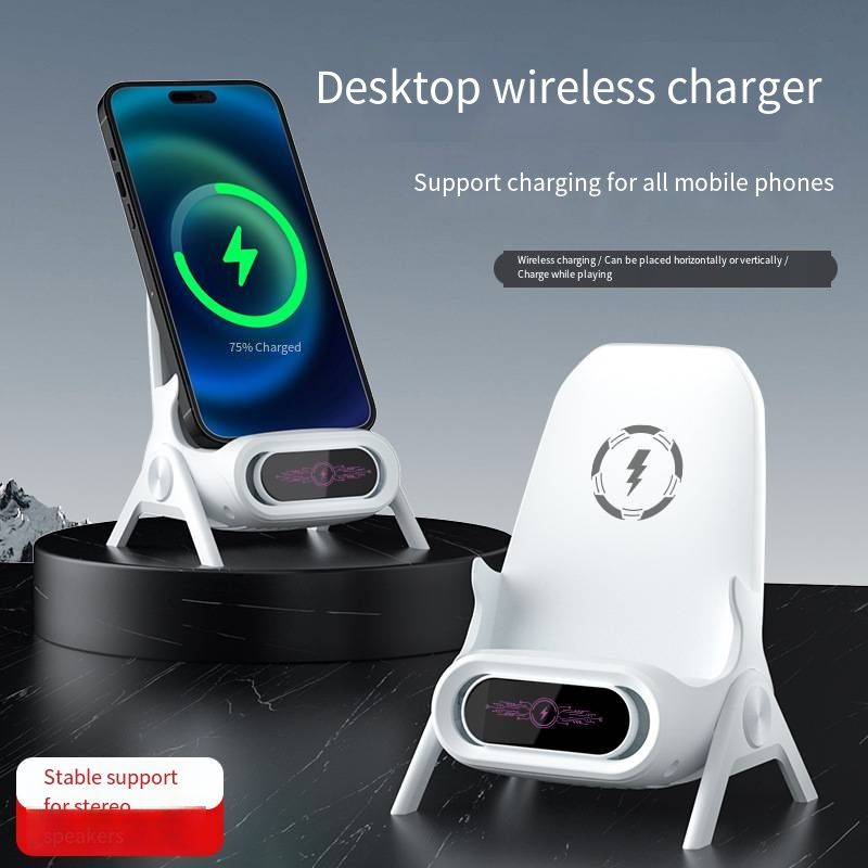 Universal Phone Wireless Charger Stand, Auto Induction Desktop Phone Holder with Horizontal & Vertical Screen Support, Built-in Speaker Amplification Function, Multi-Angle Adjustable Phone Bracket for All Smartphones