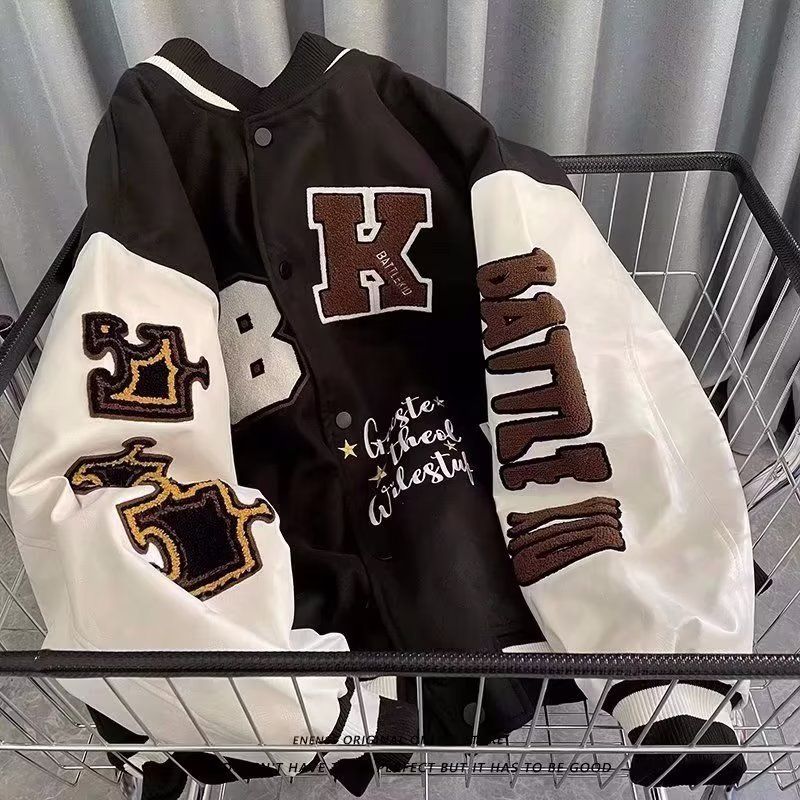LSFGZ Men's Spring Retro Letter Embroidered Coat Loose Casual Coat