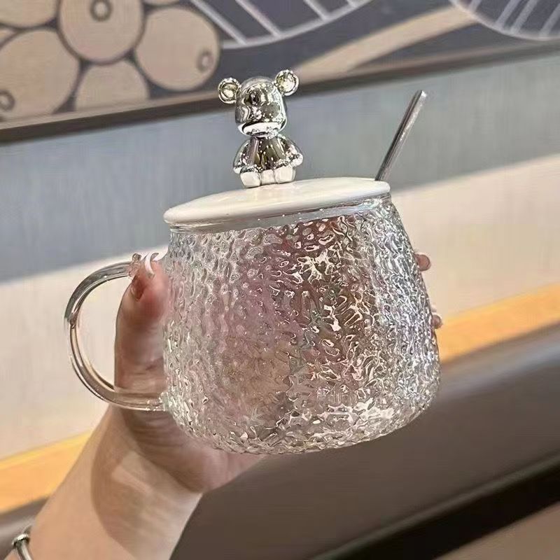 "Hammer Texture Meets Cute Bear! Glass Water Cup with Spoon, Start Your Delicate Drinking Time"
