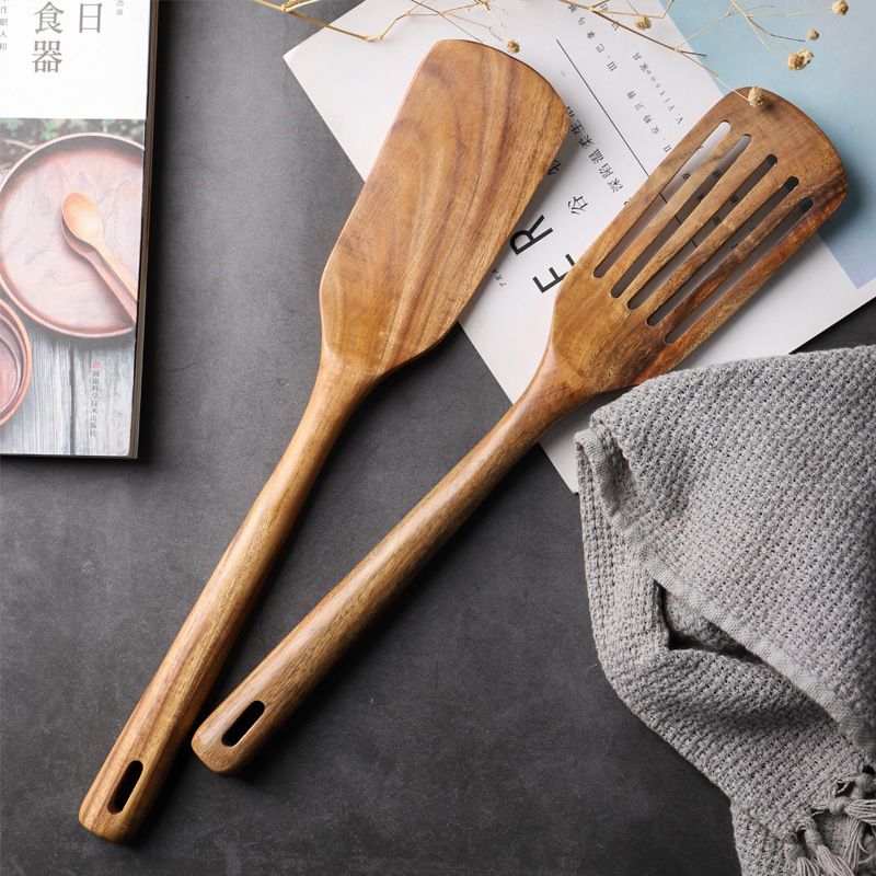 XSM001 Wooden Spatula Set, Kitchen Slotted Turner Flat Wood Wok Spatula for Non Stick Cooking Utensils