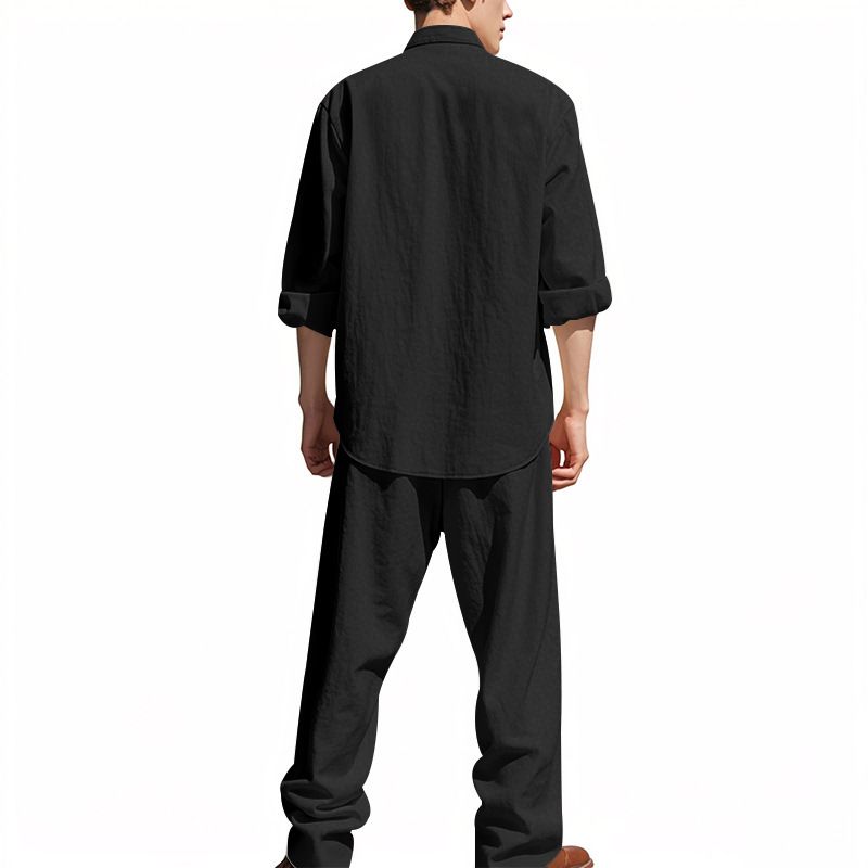 Men's Clothing Sets Two-Piece Outfits Flax Men's Casual Loose Breathable Long Sleeve Long Pants Shirt Beach Set
