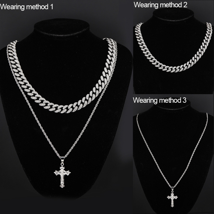 Necklace male female jewelry Hip Hop cross necklace suit high-quality fashion alloy Diamond inlay Cross Pendant CRRSHOP men women unisex Water diamond cross necklace birthday gift present silvery 