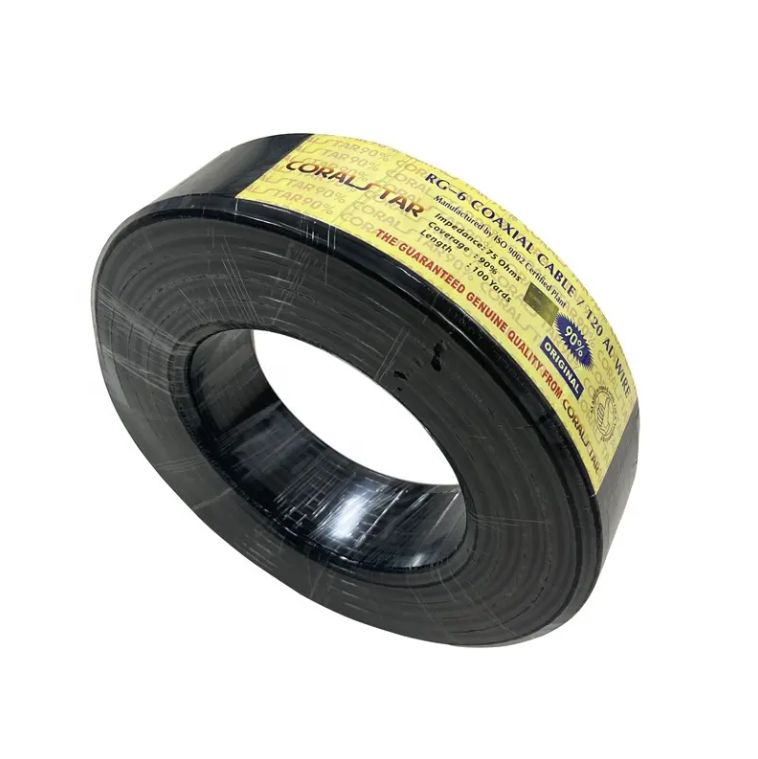 RG-6 Coaxial cable / 120 AL wire - Impedance: 75 OHMS - Coverage: 90% - Insulation: Foam Skin Polyethylene - Jacket Material: 6.8MM PVC - Nominal Size: 0.298 IN - Second Shield: 96*0.12 CCA braiding - ISO 9002 certified 