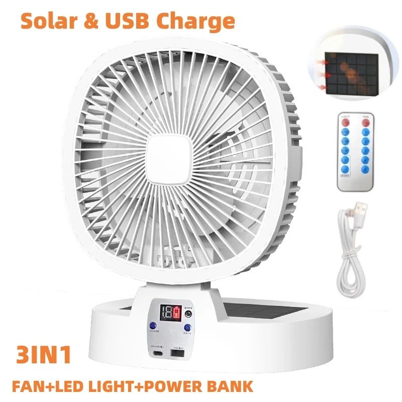 Portable Solar Fan Rechargeable Solar Power Camping Fan with Remote 5000mAh 5 Speeds 3 LED Light Solar Air Circulation Tent Fan