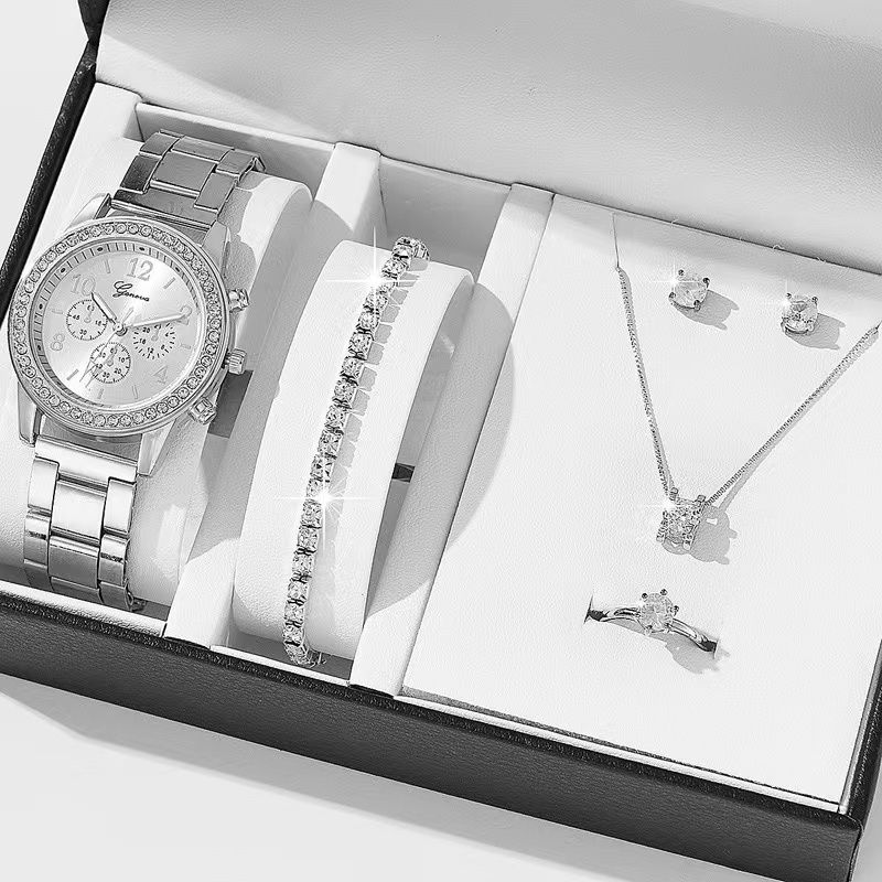 6PCS Set Luxury Watch Women Ring Necklace Earring Rhinestone Fashion Wristwatch Casual Ladies Watches Bracelet Set Clock
