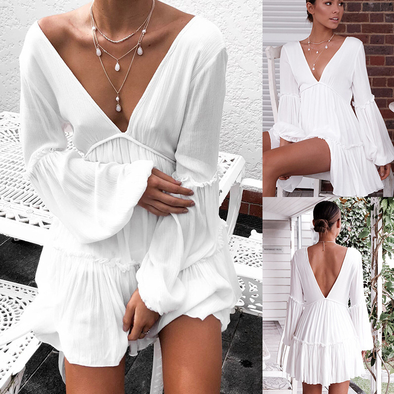 90 Women White Sexy Deep V-Neck Solid Color Long Puff Sleeve Short Dress Loose Dress