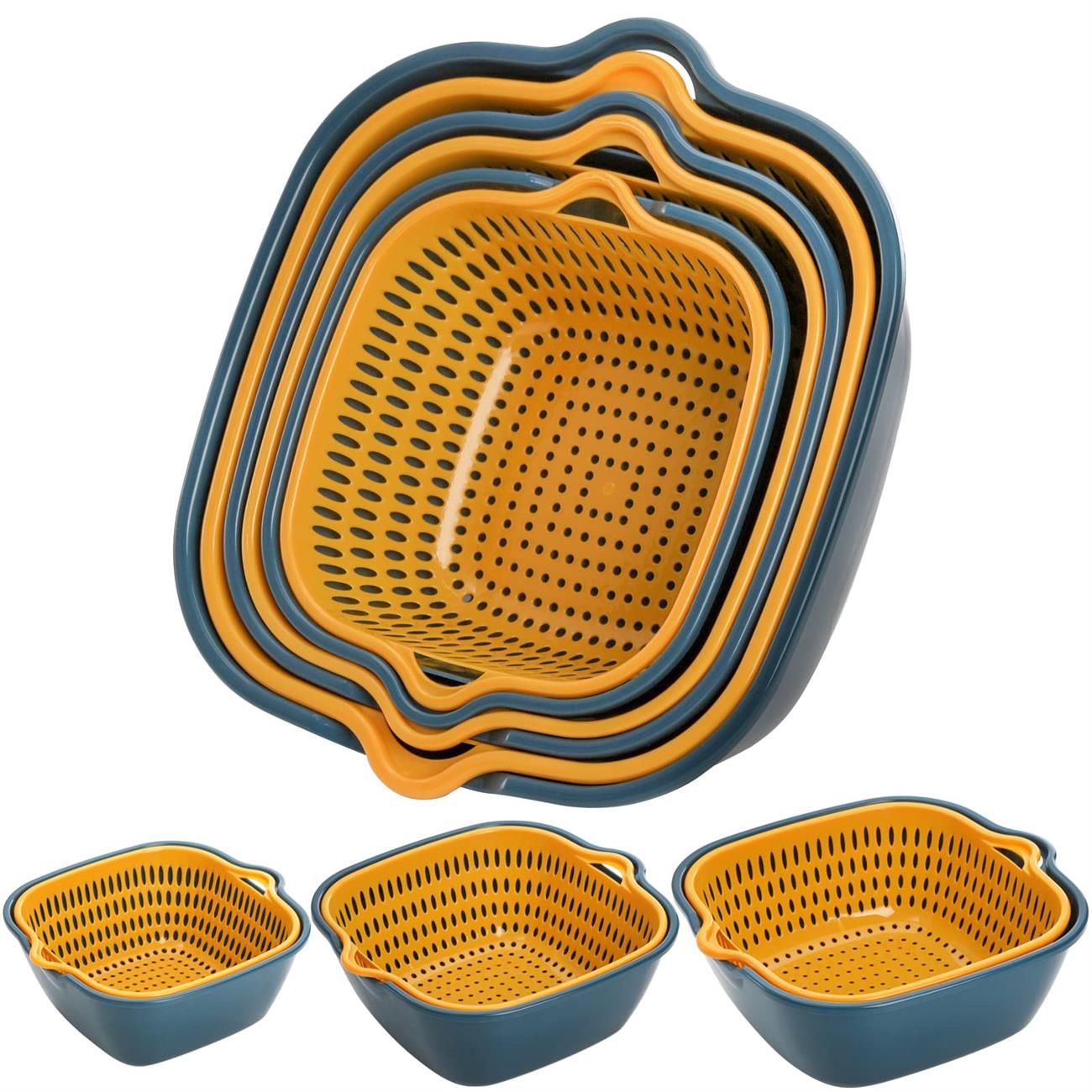 6 Pack Vegetable Washing Basket, 2-in-1 Drain Colander Bowl Set, Kitchen Fruit Washing Bowl and Strainer, Drain Basin and Basket for Food Vegetables Cleaning Washing