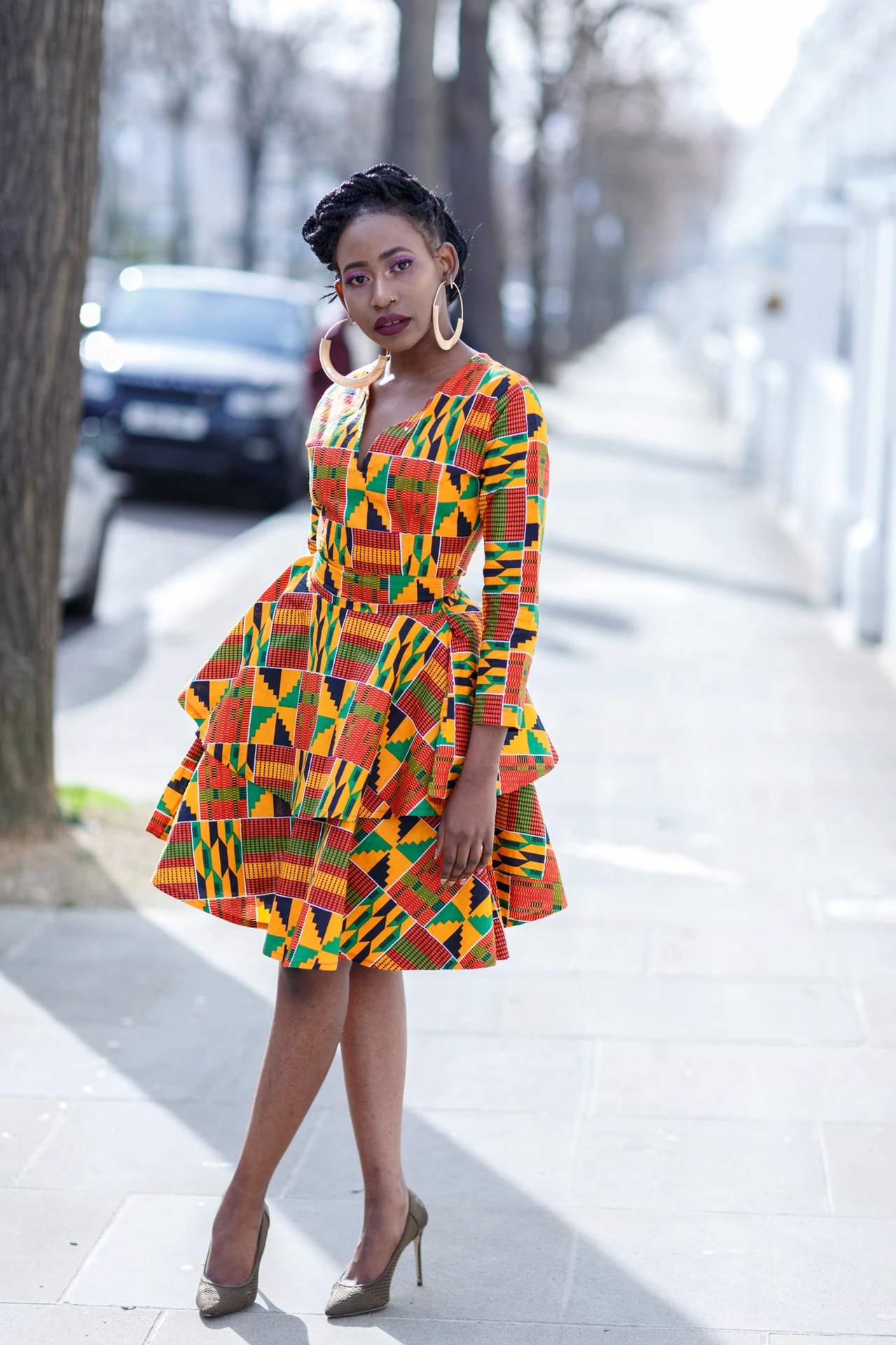 FQIG Women African Floral Print V Neck Long Sleeve Dress Dashiki Ruffle Swing Pleated Layered Ruffled Hem Party Dress