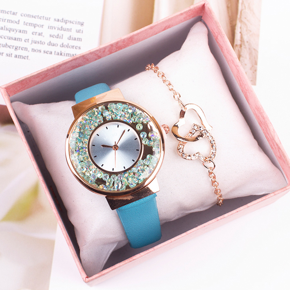 JDJ815 women's fashion watch set quicksand gemstone watch and love chain set city girl watch