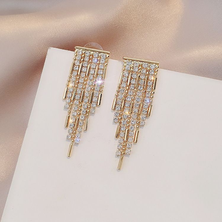 EH20107 Women's New Long Tassel Earrings Metal Inlaid Rhinestone Earrings