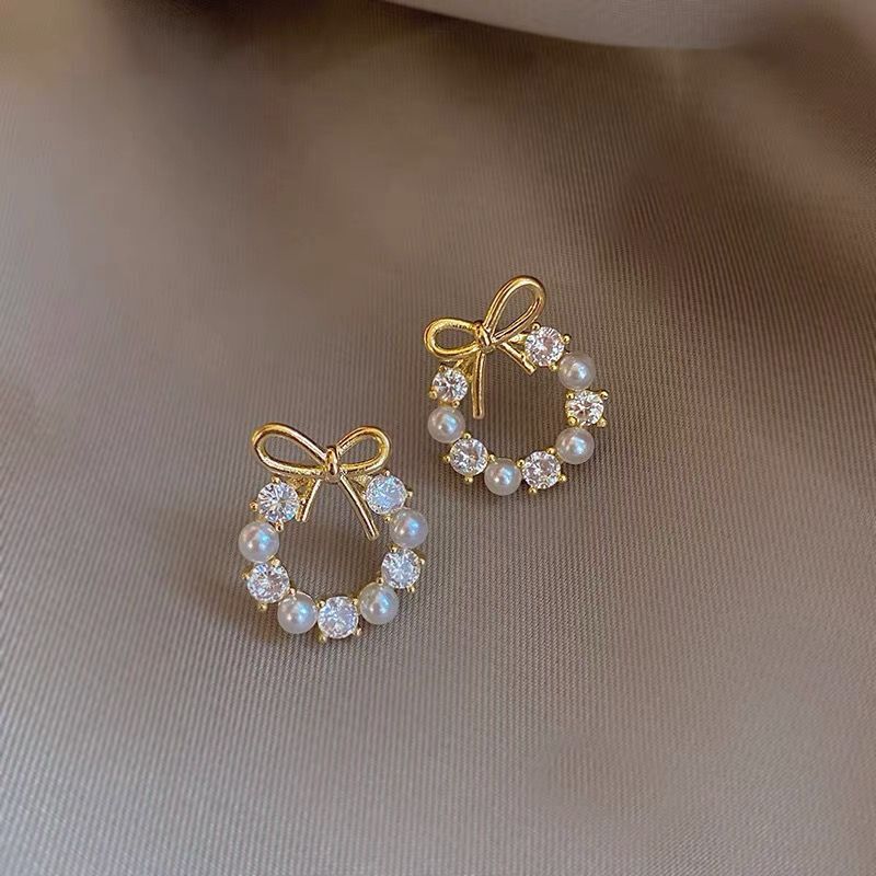 M882 Pearl Bowknot Stud Earrings For Women Girls Temperament Elegant Ear Studs Piercing Party Wedding Fashion Jewelry