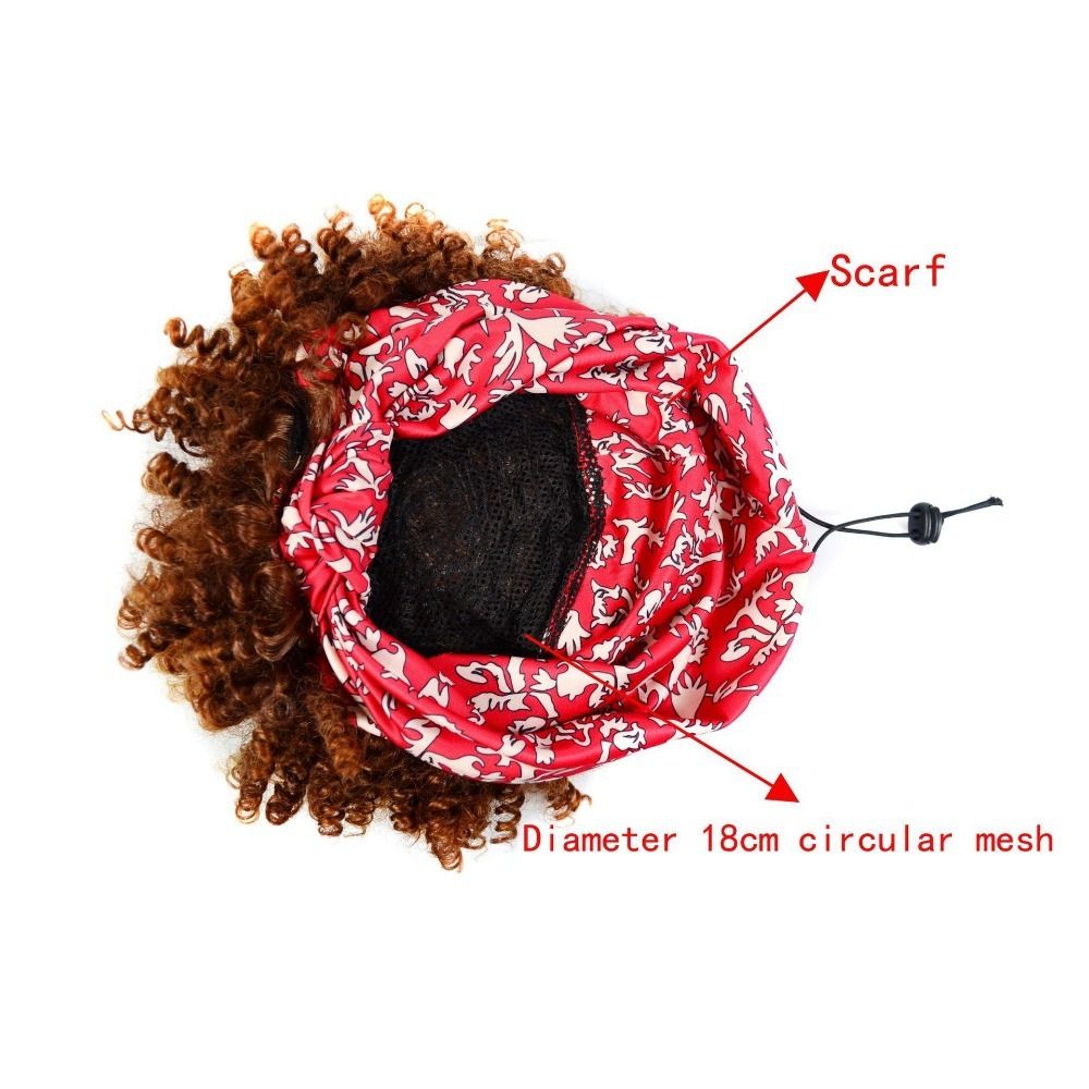 TopKiss Black Curly Wig with Headscarf, High Temperature Fiber Headband Hairnet Wig for Women Local