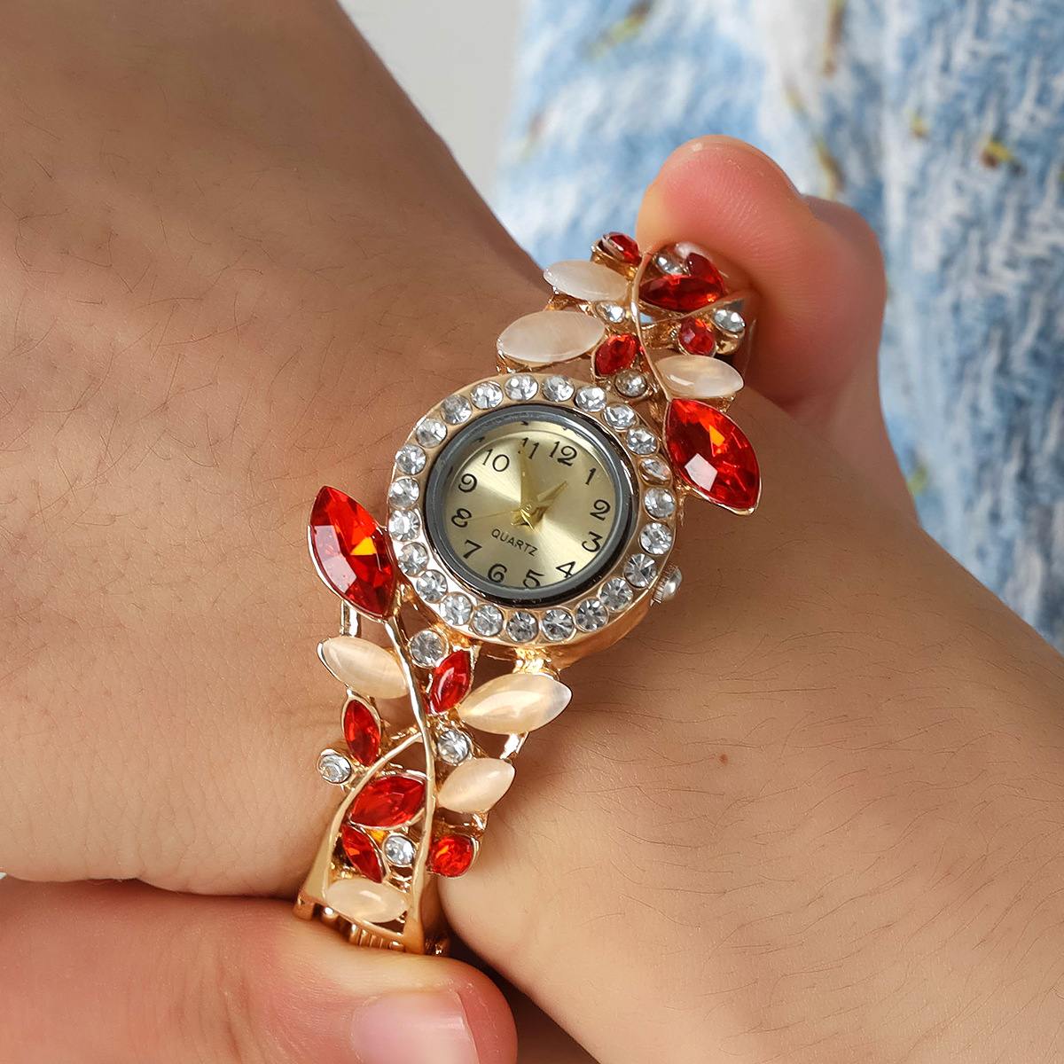 Women's Floral Crystal Bangle Quartz Watch, Gold-Tone Rhinestone & Opal Accent Wristwatch, Elegant Flower Design Jewelry Watch for Ladies, Casual & Party Wear
