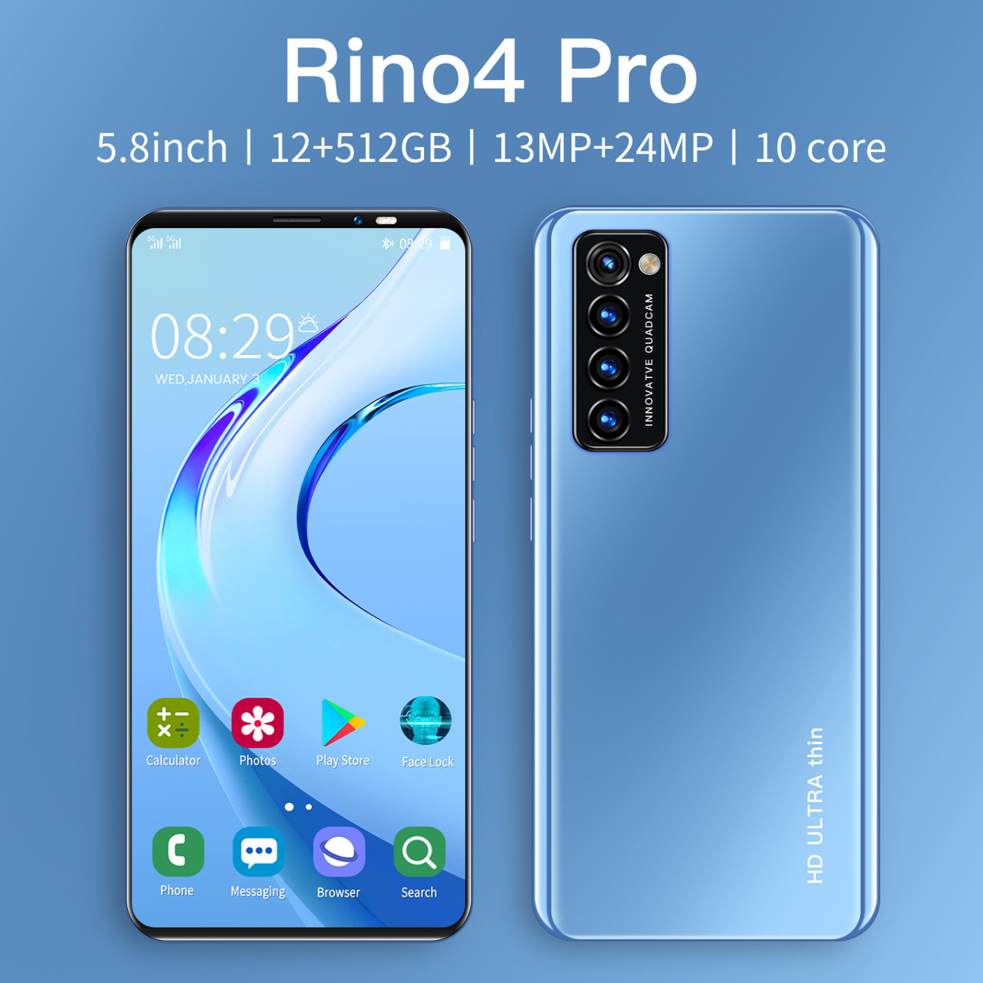 Rino4 Pro Smartphone 5.8Inch MTK6572 Dual Core 512MB RAM+4GB ROM Dual Card Dual Standby Android4.4 Phone UK Plug