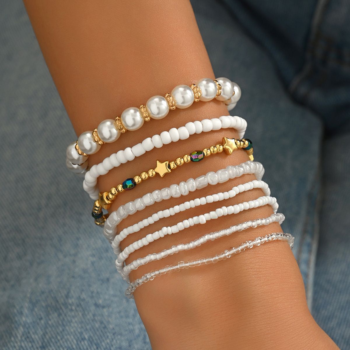 8-Piece White Beaded Bracelet Set with Imitation Pearl & Multicolor Accent Beads, Dainty Elastic Stretch Design, Stackable Fashion Jewelry for Women

