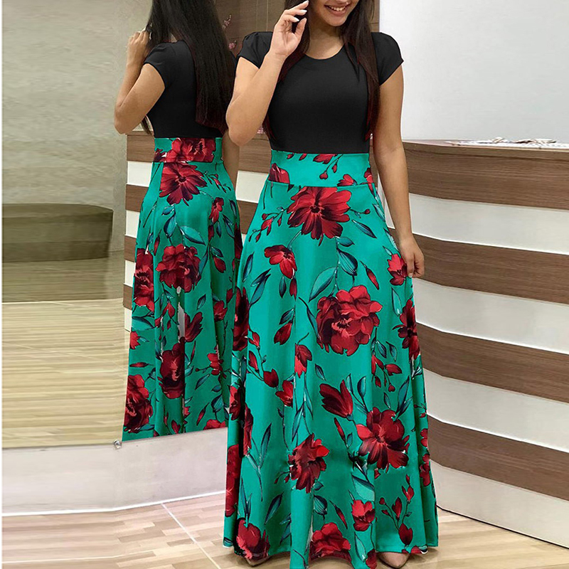 Ladies Dress one-piece Printed skirt longuette Slim Milk Silk Dress Elastic Short Sleeves Women's Clothes