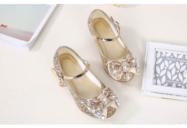 Dress Shoes Autumn New Girls' Small High-Heeled Leather Shoes Sparkling Shoe upper with Bow Decoration for Children's Dance Shoes