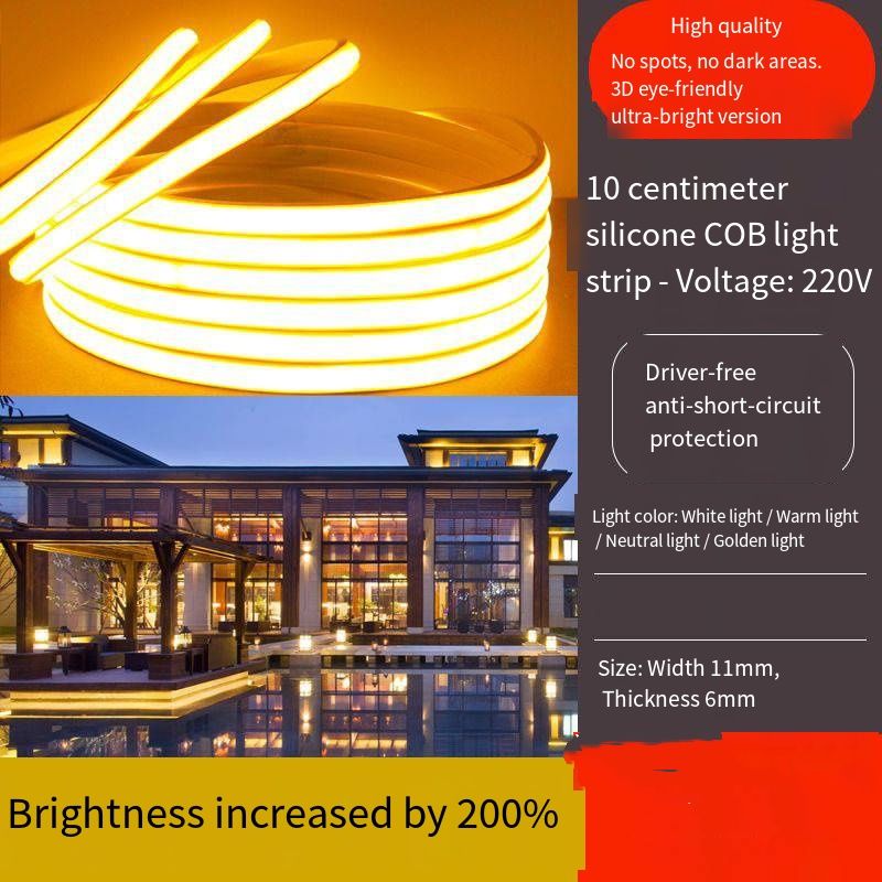 220V Silicone COB LED Strip Light Super Bright No Dark Zone Flexible LED Light Strip Indoor Outdoor Waterproof Linear Light for Ceiling Home Decoration