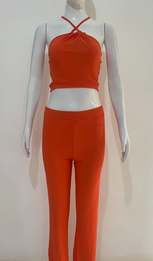 Suspenders pleated slim fit two-piece set Spice girl pleated suspenders, slacks set solid color knitted split top + bootcut slim turned-up trousers